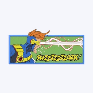 May include: Embroidered patch featuring a comic book style illustration of a character in a blue and yellow costume, with orange hair, shooting a red beam from their eye. The patch has the text "SHZZZ-ZZZARK!" in yellow.