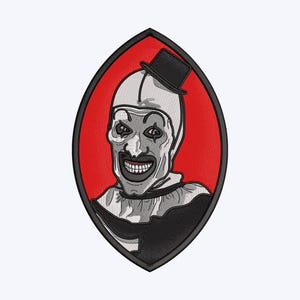 May include: Embroidered patch featuring a sinister clown face with a top hat, set against a red oval background. The clown has white face paint, a wide, unsettling grin, and a black and white outfit. The patch is outlined in black.