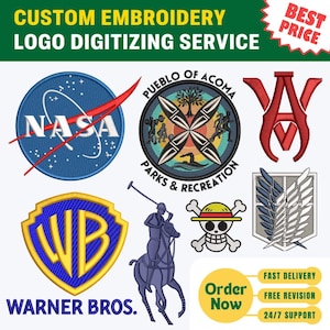 Könnte beinhalten: Eine Auswahl an gestickten Logos, darunter NASA, Warner Bros. und ein Polospieler. Das Bild enthält auch den Text "CUSTOM EMBROIDERY LOGO DIGITIZING SERVICE" und "Order Now".