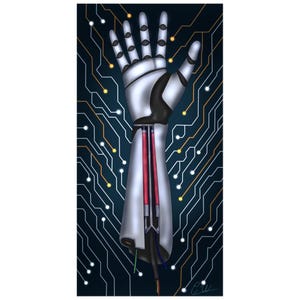 Póster de brazo robótico ciberpunk futurista (25 x 50 cm)