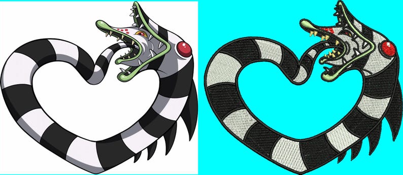 May include: A black and white striped heart-shaped design featuring a cartoon character with a green and white face, red eye, and sharp teeth. The design is reminiscent of a popular movie character.