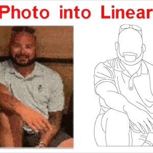 May include: The image shows a side-by-side comparison of a photograph and a line art version. The photograph features a man in a light-colored polo shirt. The line art is a minimalist black and white illustration of the same man in a similar pose.
