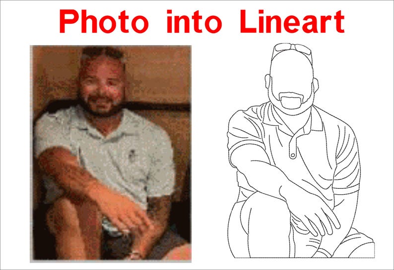 May include: The image shows a side-by-side comparison of a photograph and a line art version. The photograph features a man in a light-colored polo shirt. The line art is a minimalist black and white illustration of the same man in a similar pose.