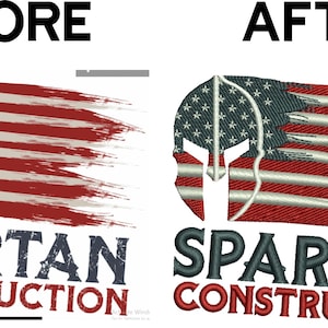 May include: Image comparing two designs. The first shows a stylized American flag with a Spartan helmet, and the text "SPARTAN CONSTRUCTION." The second image shows the same design with enhanced detail and color, with the text "SPARTAN CONSTRUCTION."