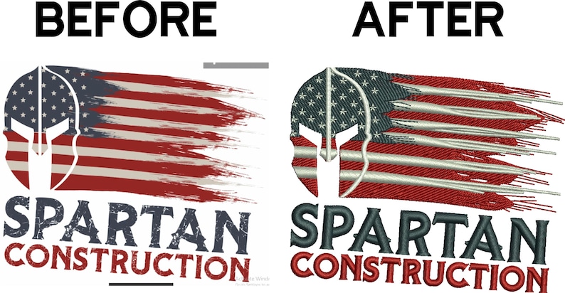 May include: Image comparing two designs. The first shows a stylized American flag with a Spartan helmet, and the text "SPARTAN CONSTRUCTION." The second image shows the same design with enhanced detail and color, with the text "SPARTAN CONSTRUCTION."