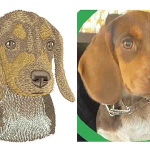 May include: An embroidered image of a dog's head, featuring brown and tan thread. The dog has long, floppy ears and a detailed nose. Next to it is a photograph of a dog with similar coloring and a silver collar.