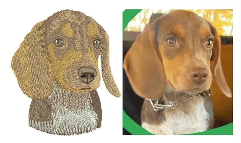May include: An embroidered image of a dog's head, featuring brown and tan thread. The dog has long, floppy ears and a detailed nose. Next to it is a photograph of a dog with similar coloring and a silver collar.