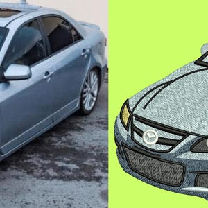 May include: A silver sedan with a sunroof and alloy wheels is shown next to an embroidered version of the same car. The car has a Mazda logo on the front and is parked on a paved surface.