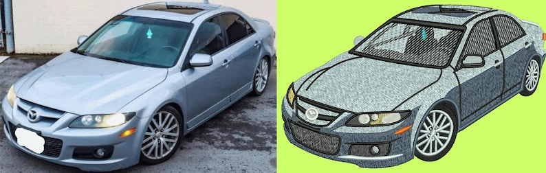 May include: A silver sedan with a sunroof and alloy wheels is shown next to an embroidered version of the same car. The car has a Mazda logo on the front and is parked on a paved surface.