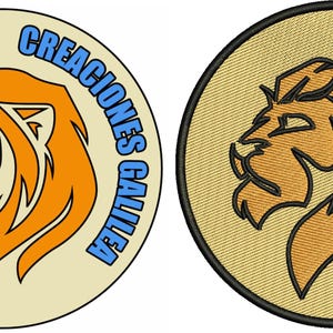 May include: Two circular patches featuring a lion's head profile. One patch has an orange lion on a cream background with blue text that reads "Creaciones Galilea." The other patch has an embroidered lion on a tan background with the same text.
