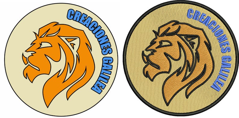 May include: Two circular patches featuring a lion's head profile. One patch has an orange lion on a cream background with blue text that reads "Creaciones Galilea." The other patch has an embroidered lion on a tan background with the same text.