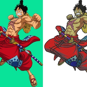 May include: Embroidered patch featuring a muscular character with a straw hat, red pants, and a katana. The character has a scar on their chest and is in a dynamic pose. The patch is likely for clothing or accessories.