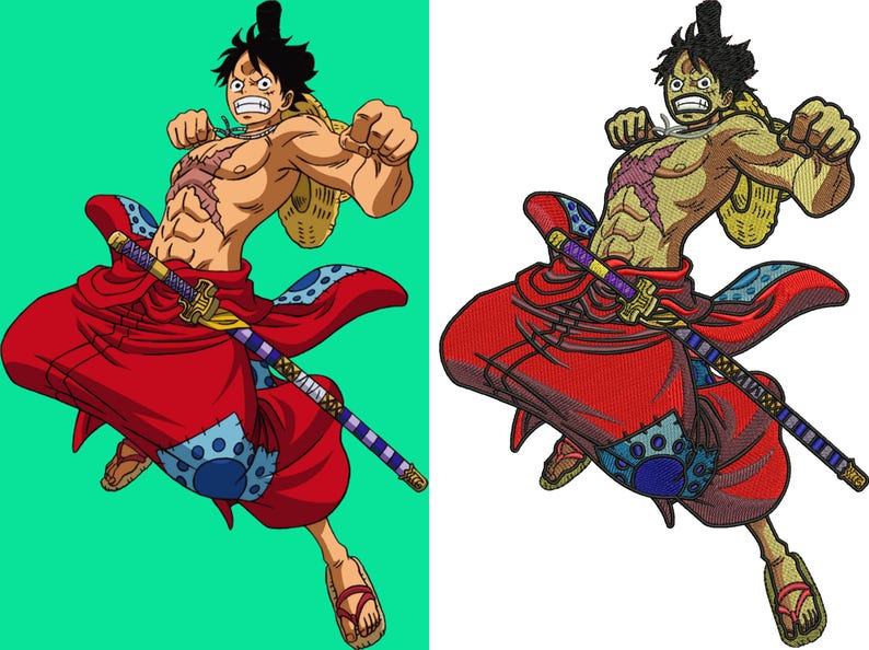 May include: Embroidered patch featuring a muscular character with a straw hat, red pants, and a katana. The character has a scar on their chest and is in a dynamic pose. The patch is likely for clothing or accessories.