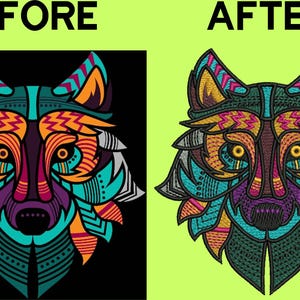 May include: A detailed illustration of a wolf's face, featuring a vibrant color palette. The design incorporates teal, orange, purple, and yellow hues, with intricate patterns and lines. The image is split, with "BEFORE" on the left and "AFTER" on the right.