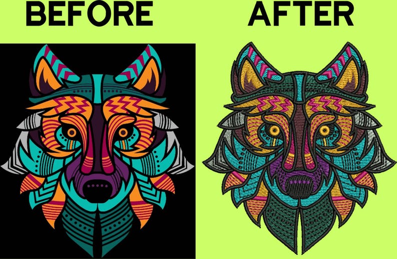 May include: A detailed illustration of a wolf's face, featuring a vibrant color palette. The design incorporates teal, orange, purple, and yellow hues, with intricate patterns and lines. The image is split, with "BEFORE" on the left and "AFTER" on the right.