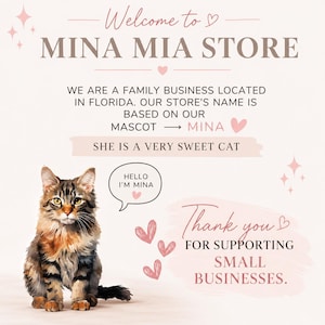 以下が含まれることがあります： 茶色と黒のトラ猫のキャラクターが描かれた、淡いピンク色のMina Mia Storeのグラフィック看板。テキストは「Welcome to Mina Mia Store, We are a family business located in Florida. Our store's name is based on our mascot Mina, She is a very sweet cat, Hello I'm Mina, Thank you for supporting small businesses.」と記載されています。