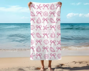 Toalla de playa personalizada con diseño de concha, toalla con nombre personalizado, regalo de verano, accesorios de playa, despedida de soltera, regalo coqueto para ella