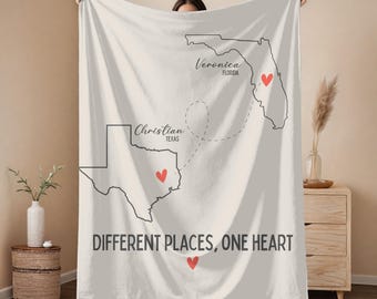 Manta de amistad a distancia, manta para novio, regalo personalizado de estado a estado, manta de terciopelo Miles Apart, mapa personalizado de larga distancia