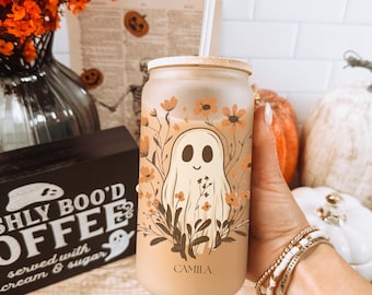 Personalized Cute ghost Glass, Coffee glass with lid, Gift for her, Halloween Iced Coffee glass, Coquette Ghost Flower Cup