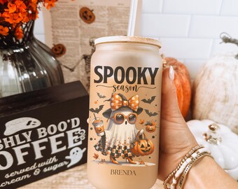 Spooky Halloween, Coffee glass with lid, Gift for her, Personalized Halloween Glass, Iced Coffee glass, Coquette Halloween Ghost, Cute ghost