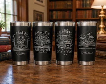 May include: Four matte black stainless steel tumblers with silver laser-engraved designs. Each features book-themed illustrations, floral motifs, and personalized names including Sophia, Ashley, Lucia, and Madison, with various book-related text.