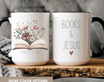 Personalized Christian Coffee Mug, Bible book Mug Gift For Her, Books And Jesus Cup, Floral Scripture Mug, Religious Morning Gift