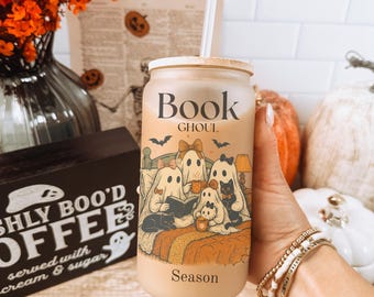 Ghost reading books, Coffee glass with lid, Gift for her, Halloween Glass, Iced Coffee glass, Book lover gifts, Gift or halloween lover
