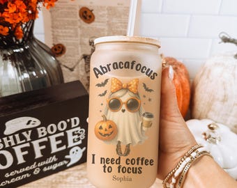 Personalized Halloween gifts, Halloween Coffee Glass, Cute Coquette ghosts, Coffee lover glass, Coffee Glass with lid, Fall coffee cup