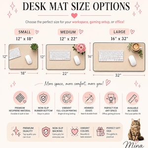 以下が含まれることがあります： DESK MAT SIZE OPTIONSと題されたインフォグラフィック。小30.48x45.72cm、中30.48x55.88cm、大40.64x81.28cmの3種類の長方形デスクマットを表示。滑り止めゴム底、ネオプレン素材、縁取り加工が特徴。
