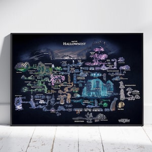 May include: A framed map of Hallownest, a detailed and colourful illustration of a fantasy world. The map shows various locations, including Greenpath, Crystal Peak, and the Resting Grounds. The title "Map of Hallownest" is displayed at the top.