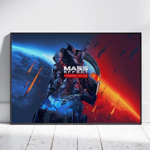 May include: A poster for the Mass Effect Legendary Edition video game. The poster features a blue and red space background with a group of characters from the game, including Commander Shepard, Garrus Vakarian, and Liara T'Soni. The text "Mass Effect Legendary Edition" is displayed in the center of the poster.