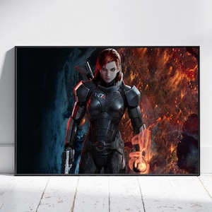 May include: A female character in a black and grey armored suit with a red glowing hand, standing in front of a fiery background with a blue and grey planet in the background.