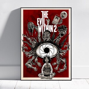 May include: A poster for the video game "The Evil Within 2" featuring a large eye with a camera lens, surrounded by monstrous figures and a young girl sitting in front of it. The poster has a red background with black and white illustrations.