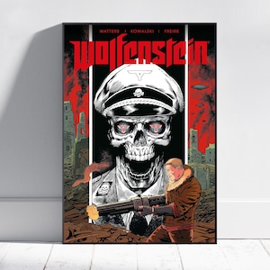 May include: A black and white illustration of a skull wearing a military hat with the word "Wolfenstein" in red letters above it. A man in a brown jacket is holding a gun and aiming it at the skull. The background is a red and black cityscape.