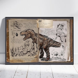 Op de afbeelding: Een ingelijste print met een gedetailleerde illustratie van een Tyrannosaurus Rex, vergezeld van schetsen en handgeschreven notities. Het kunstwerk heeft een vintage esthetiek, met een bruin en beige kleurenschema, en de tekst "REX" is zichtbaar.