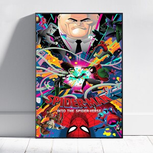May include: A framed poster featuring characters from the animated film "Spider-Man: Into the Spider-Verse." The artwork showcases various Spider-Man characters in action poses, with vibrant colors and dynamic compositions. The title is prominently displayed.