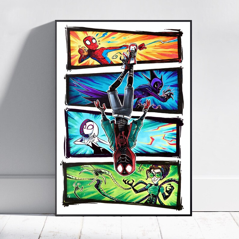 May include: A framed comic-style art print featuring Spider-Man characters. The artwork is divided into four panels with vibrant colors and dynamic poses. The central figure is Miles Morales, with other characters like Spider-Gwen and Doctor Octopus.
