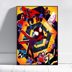 May include: A framed poster featuring multiple Spider-Man characters in dynamic poses against a geometric background. The poster has a black frame and the title "Spider-Man: Across the Spider-Verse" is visible.