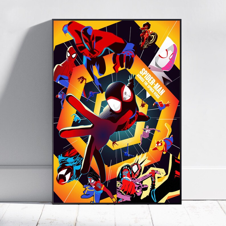 May include: A framed poster featuring multiple Spider-Man characters in dynamic poses against a geometric background. The poster has a black frame and the title "Spider-Man: Across the Spider-Verse" is visible.