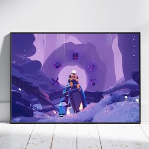May include: A digital illustration of a purple and blue landscape with a small, yellow character sitting on a large, blue, geometric structure. The character is wearing a helmet and has a backpack. The landscape is filled with glowing, purple and blue geometric shapes.