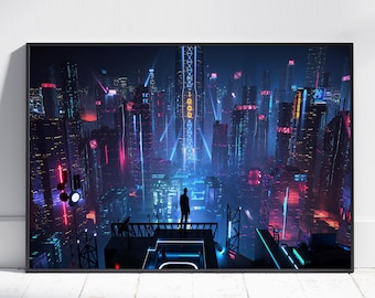 Pôster de Cidade Cyberpunk | Arte de Parede Neofuturista | Decoração de Sala de Jogos | Impressão em Tela