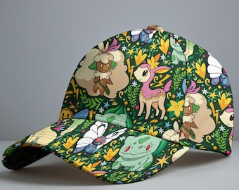 Cappellino da baseball di Bulbasaur, grazioso cappello con motivo foresta senza farfalle, accessorio estivo floreale verde, cappellino da esterno in stile naturale, regalo cappello di Bulbasaur