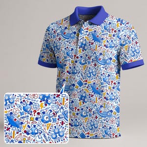 May include: A short-sleeved polo shirt with a blue collar and cuffs, featuring an all-over print of blue cartoon magnets, mathematical equations, geometric shapes, and the word MATH in a repeating pattern on a white background.