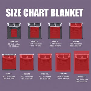 May include: A size chart for blankets featuring nine illustrations of beds with red blankets of varying dimensions. The text reads SIZE CHART BLANKET with sizes ranging from 2XS at 30 x 40 inches to 4XL at 79 x 118 inches, displayed on a purple background.