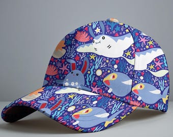 Mudkip Mantine Baseball Cap, Cute Ocean Pattern Hat, Kawaii Water Type Summer Cap, Aesthetic Anime Baseball Hat Gift for Fans