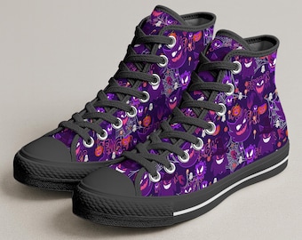 Gengar Halloween High Top Canvas Shoes, Spooky Ghost Pattern  Sneakers, Kawaii Unisex Canvas Sneakers, Gengar Shoes Gifts