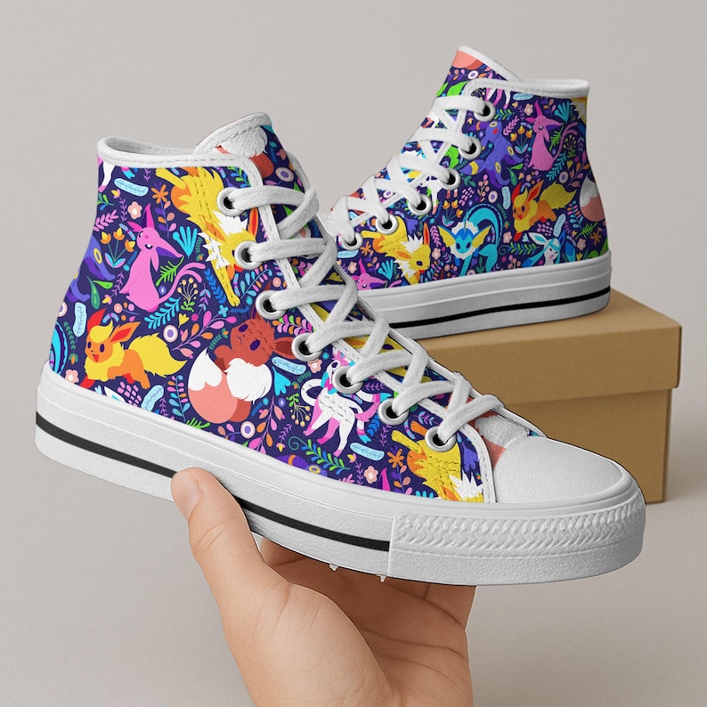Umbreon Eevee Höga Tygskor, Söta Eevee Evolutions Mönster Sneakers, Tygskor I Anime-stil, Unisex Casual, Umbreon Skor Presenter bild 2