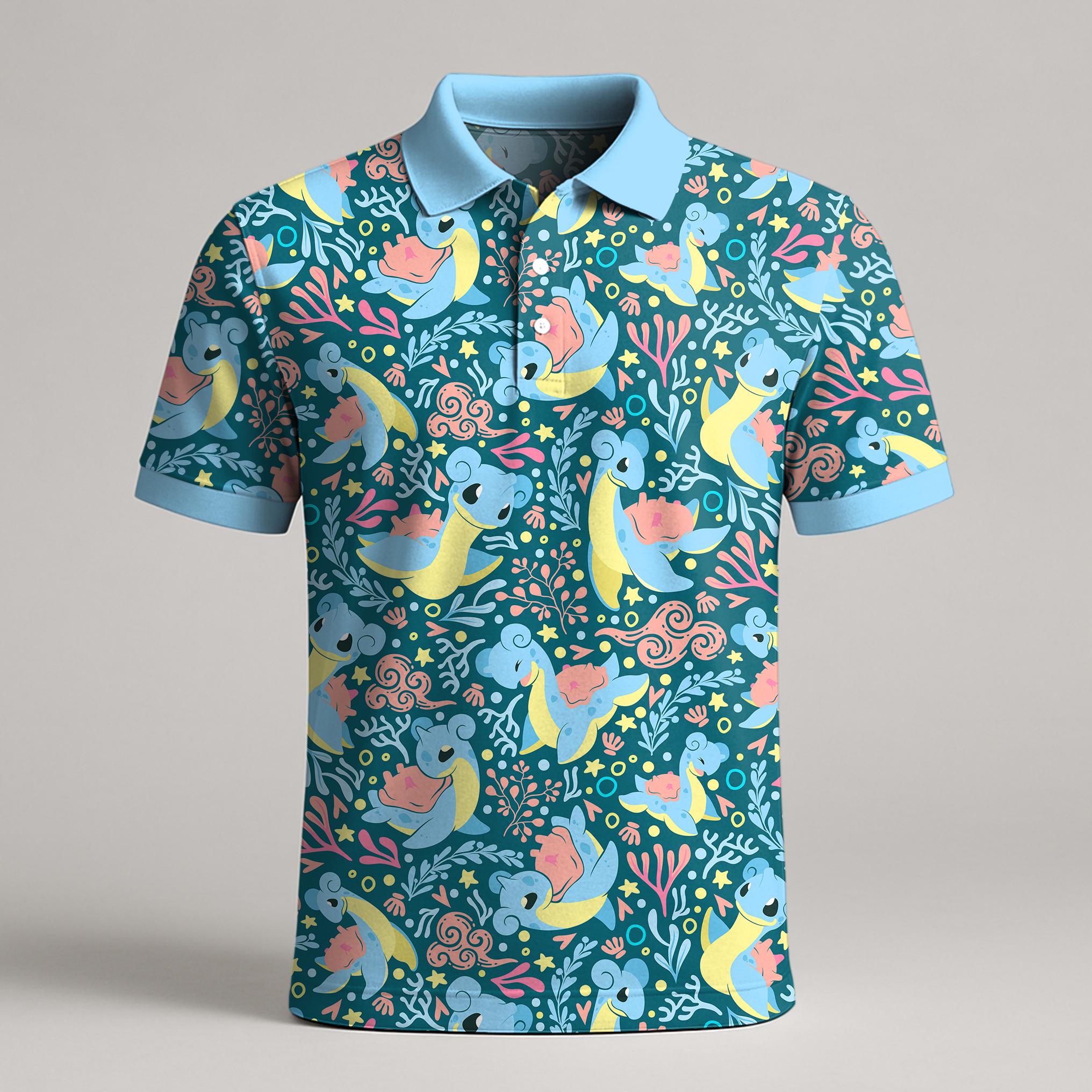 Discover Lapras Polo Shirt, Ocean Pattern Shirt, Kawaii Sea Creature Polo, Cute Summer Shirt, Birthday Gift, Lapras Shirt Gift