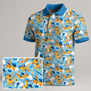 May include: A light blue polo shirt with a repeating pattern of orange dragons, clouds, and travel-themed icons. The shirt has a blue collar and short sleeves with blue trim. The design is whimsical and colorful.