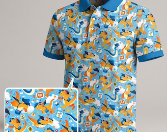 Dragonite Polo Shirt, Cute Kawaii Dragon Pattern Polo Shirt, Funny Summer Shirt, Dragonite Shirt Gifts